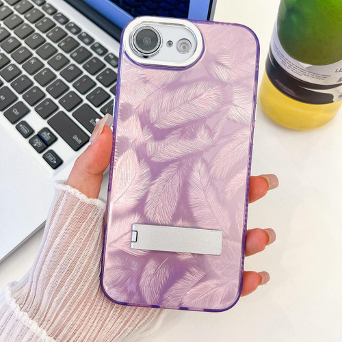 iPhone 16e / 17e Plating Glitter Texture Fold Holder TPU Phone Case with Lens Film - Purple Feathers