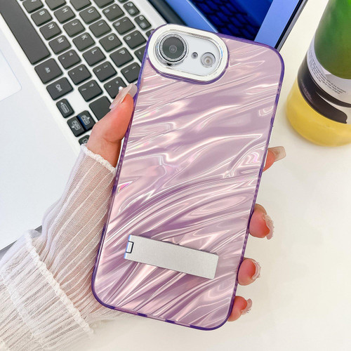 iPhone 16e / 17e Plating Glitter Texture Fold Holder TPU Phone Case with Lens Film - Purple Water Ripples