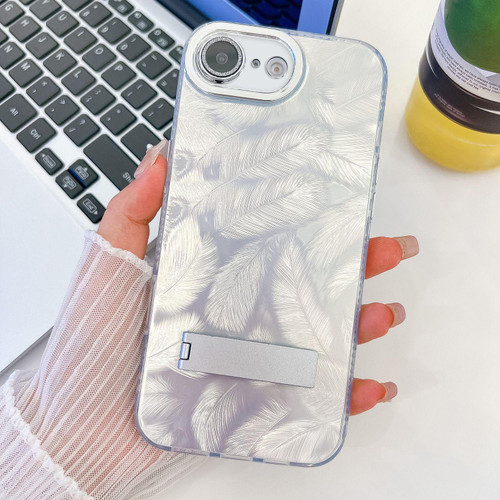 iPhone 16e / 17e Plating Glitter Texture Fold Holder TPU Phone Case with Lens Film - White Feathers