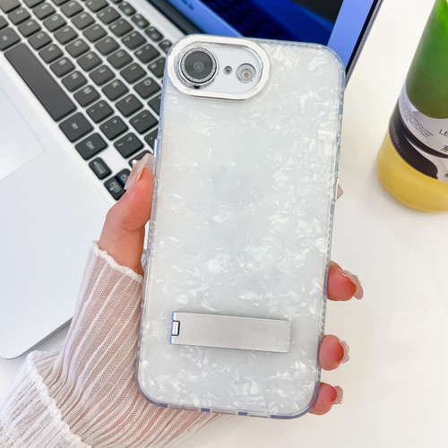 iPhone 16e / 17e Plating Glitter Texture Fold Holder TPU Phone Case with Lens Film - White Shell Pattern