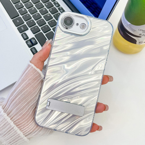 iPhone 16e / 17e Plating Glitter Texture Fold Holder TPU Phone Case with Lens Film - White Water Ripples