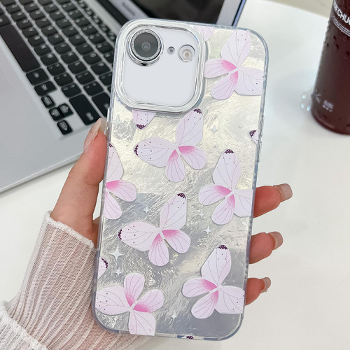 iPhone 16e / 17e Plating Texture Butterfly TPU Phone Case with Glitter Lens Film - Pink Butterflies HU5