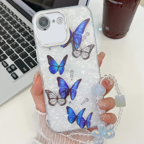 iPhone 16e / 17e Plating Texture Butterfly Wristband TPU Phone Case with Glitter Lens Film - Blue Butterflies HU3
