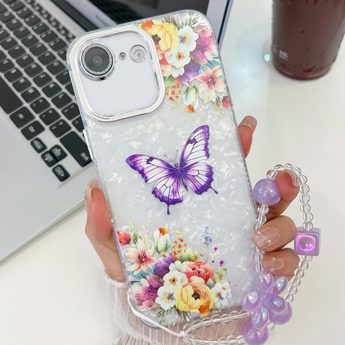 iPhone 16e / 17e Plating Texture Butterfly Wristband TPU Phone Case with Glitter Lens Film - Flowers Butterflies HU1
