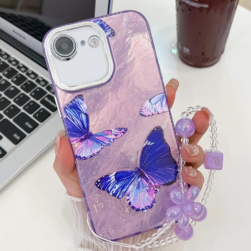 iPhone 16e / 17e Plating Texture Butterfly Wristband TPU Phone Case with Glitter Lens Film - Purple Butterflies HU4