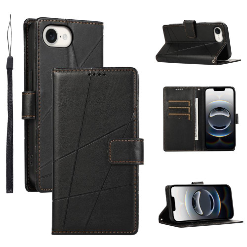 iPhone 16e / 17e PU Genuine Leather Texture Embossed Line Phone Case - Black