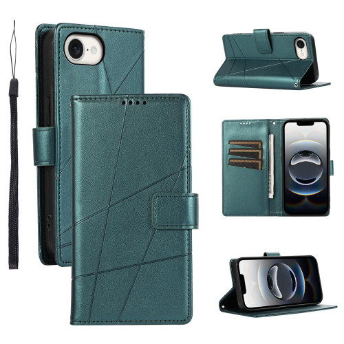 iPhone 16e / 17e PU Genuine Leather Texture Embossed Line Phone Case - Green