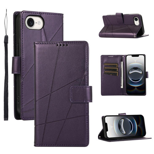iPhone 16e / 17e PU Genuine Leather Texture Embossed Line Phone Case - Purple