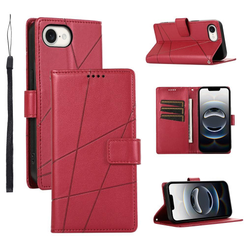 iPhone 16e / 17e PU Genuine Leather Texture Embossed Line Phone Case - Red