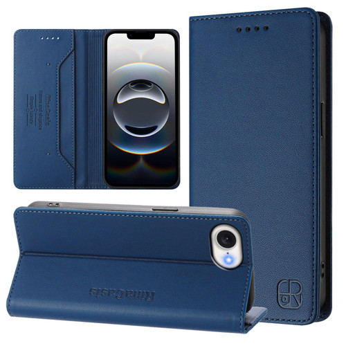 iPhone 16e / 17e RC01 Dual-Folded Magnetic Suction RFID Leather Phone Case - Dark Blue
