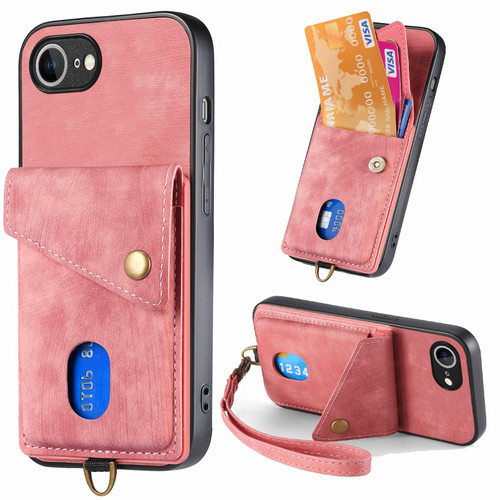 iPhone 16e / 17e Retro Card Wallet Fold Leather Phone Case with Strap - Pink