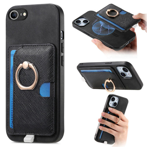 iPhone 16e / 17e Retro Cross Leather Ring Side Insert Card Bag MagSafe Phone Case - Black