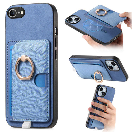 iPhone 16e / 17e Retro Cross Leather Ring Side Insert Card Bag MagSafe Phone Case - Blue