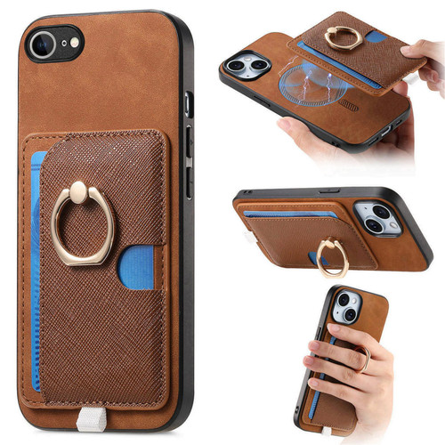 iPhone 16e / 17e Retro Cross Leather Ring Side Insert Card Bag MagSafe Phone Case - Brown