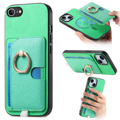 iPhone 16e / 17e Retro Cross Leather Ring Side Insert Card Bag MagSafe Phone Case - Green