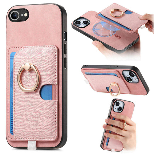 iPhone 16e / 17e Retro Cross Leather Ring Side Insert Card Bag MagSafe Phone Case - Pink