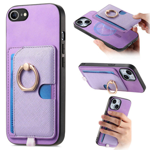 iPhone 16e / 17e Retro Cross Leather Ring Side Insert Card Bag MagSafe Phone Case - Purple