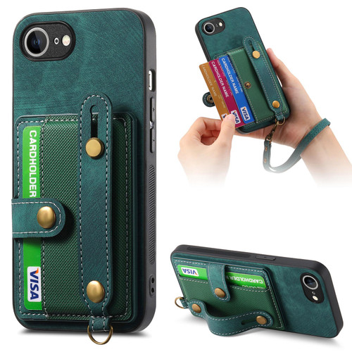 iPhone 16e / 17e Retro Cross Wristband Wallet Leather Back Phone Case - Green