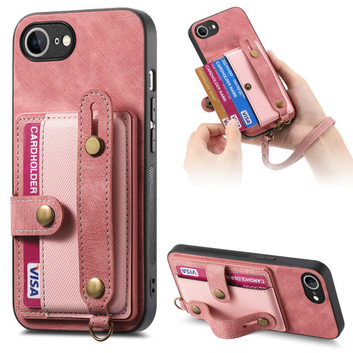 iPhone 16e / 17e Retro Cross Wristband Wallet Leather Back Phone Case - Pink