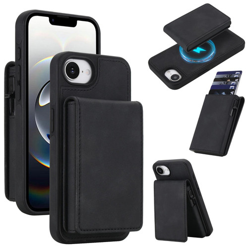 iPhone 16e / 17e Retro Faux Leather Detachable Spring Loaded Card Bag Magnetic RFID Phone Case - Black