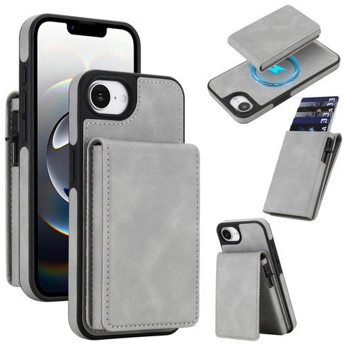 iPhone 16e / 17e Retro Faux Leather Detachable Spring Loaded Card Bag Magnetic RFID Phone Case - Gray