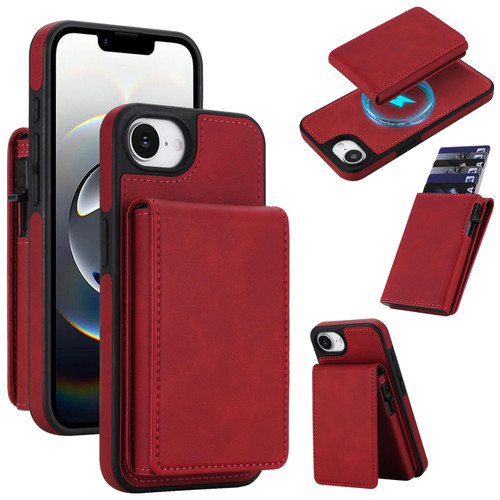 iPhone 16e / 17e Retro Faux Leather Detachable Spring Loaded Card Bag Magnetic RFID Phone Case - Red