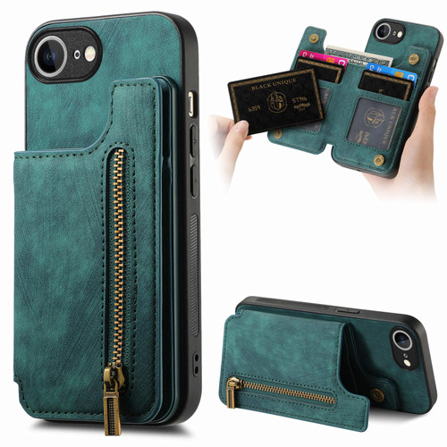 iPhone 16e / 17e Retro Leather Zipper Wallet Back Phone Case - Green