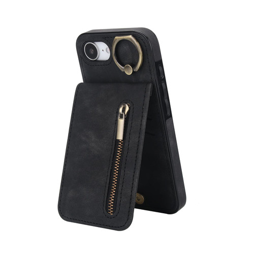 iPhone 16e / 17e Retro Ring and Zipper RFID Card Slot Phone Case - Black
