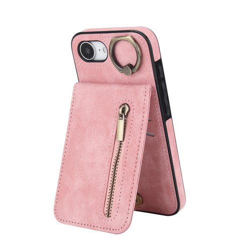 iPhone 16e / 17e Retro Ring and Zipper RFID Card Slot Phone Case - Pink