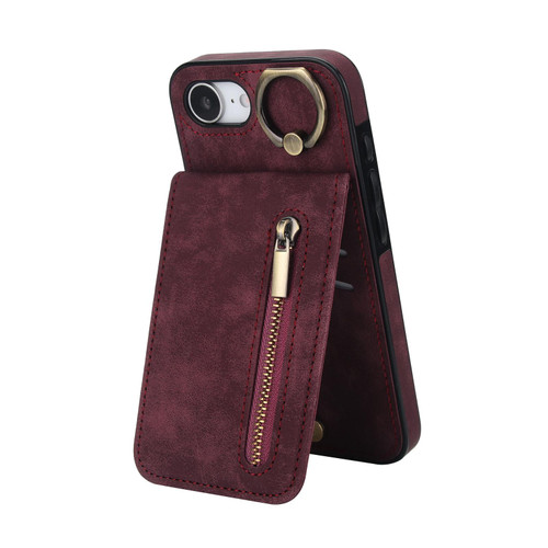 iPhone 16e / 17e Retro Ring and Zipper RFID Card Slot Phone Case - Wine Red