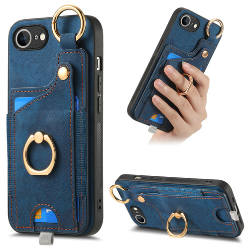 iPhone 16e / 17e Retro Skin-feel Ring Card Bag Phone Case with Hang Loop - Blue
