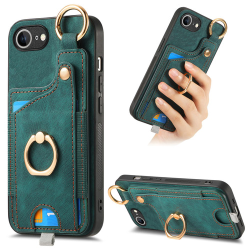 iPhone 16e / 17e Retro Skin-feel Ring Card Bag Phone Case with Hang Loop - Green