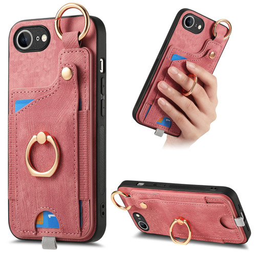 iPhone 16e / 17e Retro Skin-feel Ring Card Bag Phone Case with Hang Loop - Pink