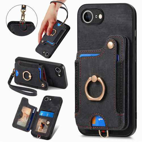 iPhone 16e / 17e Retro Skin-feel Ring Multi-card Wallet Phone Case - Black