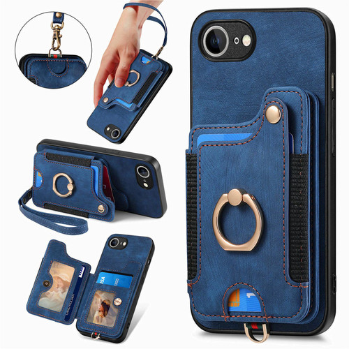 iPhone 16e / 17e Retro Skin-feel Ring Multi-card Wallet Phone Case - Blue