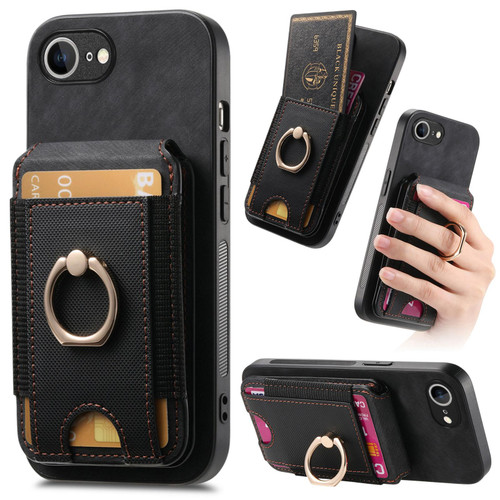 iPhone 16e / 17e Retro Splitable Magnetic Stand Card Bag Leather Phone Case - Black