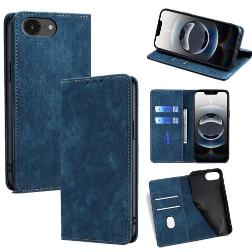iPhone 16e / 17e RFID Anti-theft Brush Magnetic Leather Phone Case - Blue