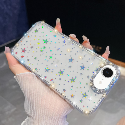 iPhone 16e / 17e Rhinestone Glitter TPU 4-corners Anti-fall Phone Case - Transparent Stars