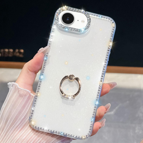 iPhone 16e / 17e Rhinestone Glitter TPU Ring Holder Anti-fall Phone Case - White