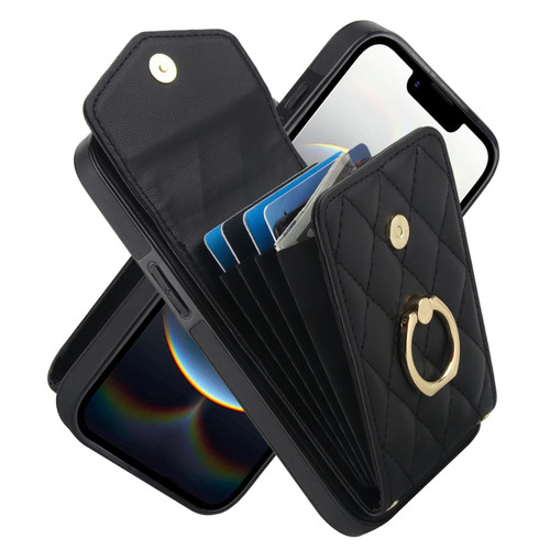 iPhone 16e / 17e Rhombic Texture Card Bag Phone Case with Long Lanyard - Black