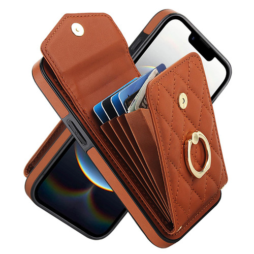 iPhone 16e / 17e Rhombic Texture Card Bag Phone Case with Long Lanyard - Brown