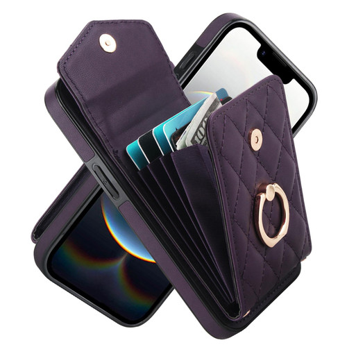 iPhone 16e / 17e Rhombic Texture Card Bag Phone Case with Long Lanyard - Dark Purple