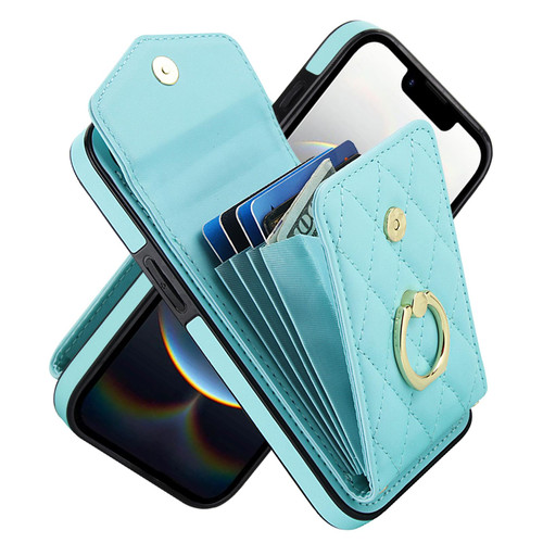 iPhone 16e / 17e Rhombic Texture Card Bag Phone Case with Long Lanyard - Mint Green