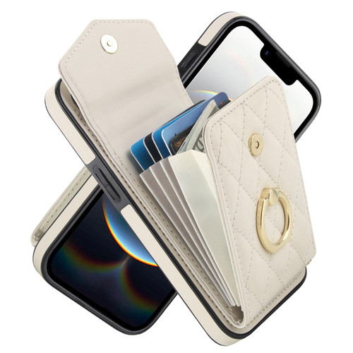 iPhone 16e / 17e Rhombic Texture Card Bag Phone Case with Long Lanyard - White