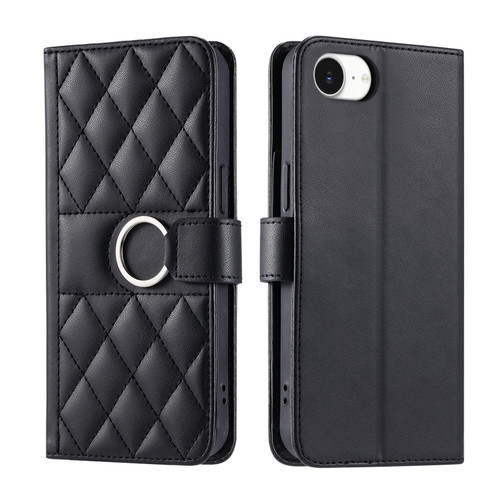 iPhone 16e / 17e Ring Buckle Rhombic Leather Phone Case - Black