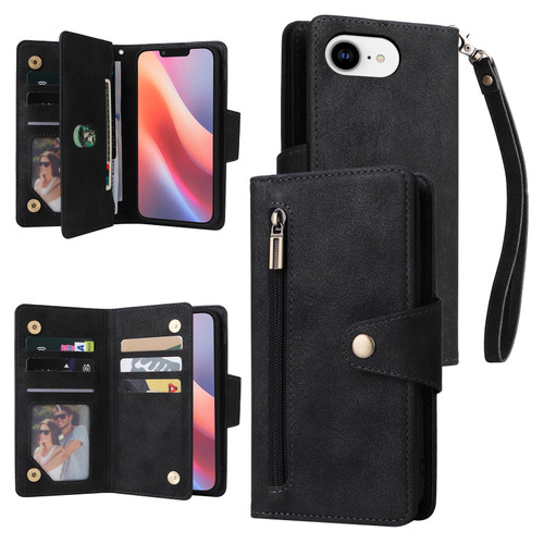 iPhone 16e / 17e Rivet Buckle 9 Cards Three Fold Leather Phone Case - Black