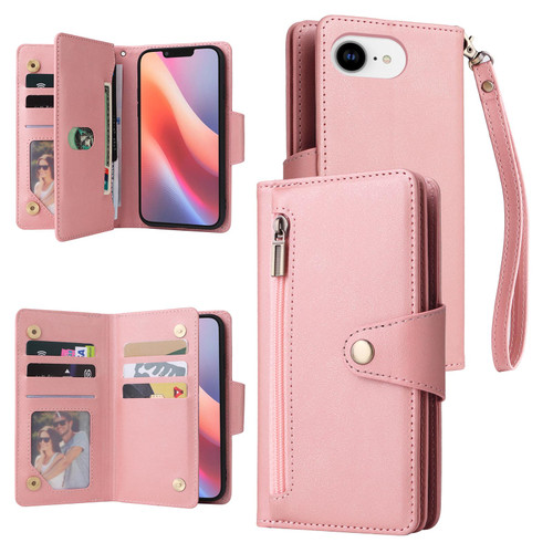 iPhone 16e / 17e Rivet Buckle 9 Cards Three Fold Leather Phone Case - Rose Gold