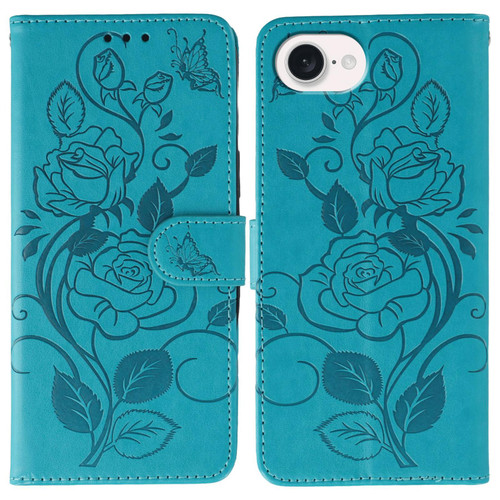 iPhone 16e / 17e Rose Butterfly Embossed Leather Phone Case - Blue