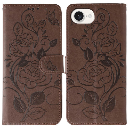 iPhone 16e / 17e Rose Butterfly Embossed Leather Phone Case - Brown