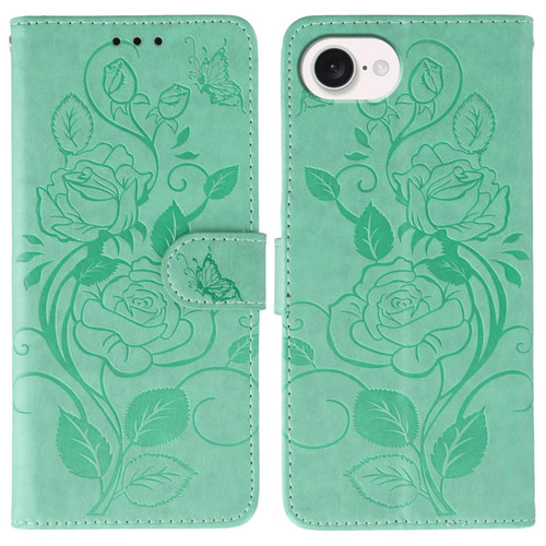 iPhone 16e / 17e Rose Butterfly Embossed Leather Phone Case - Green